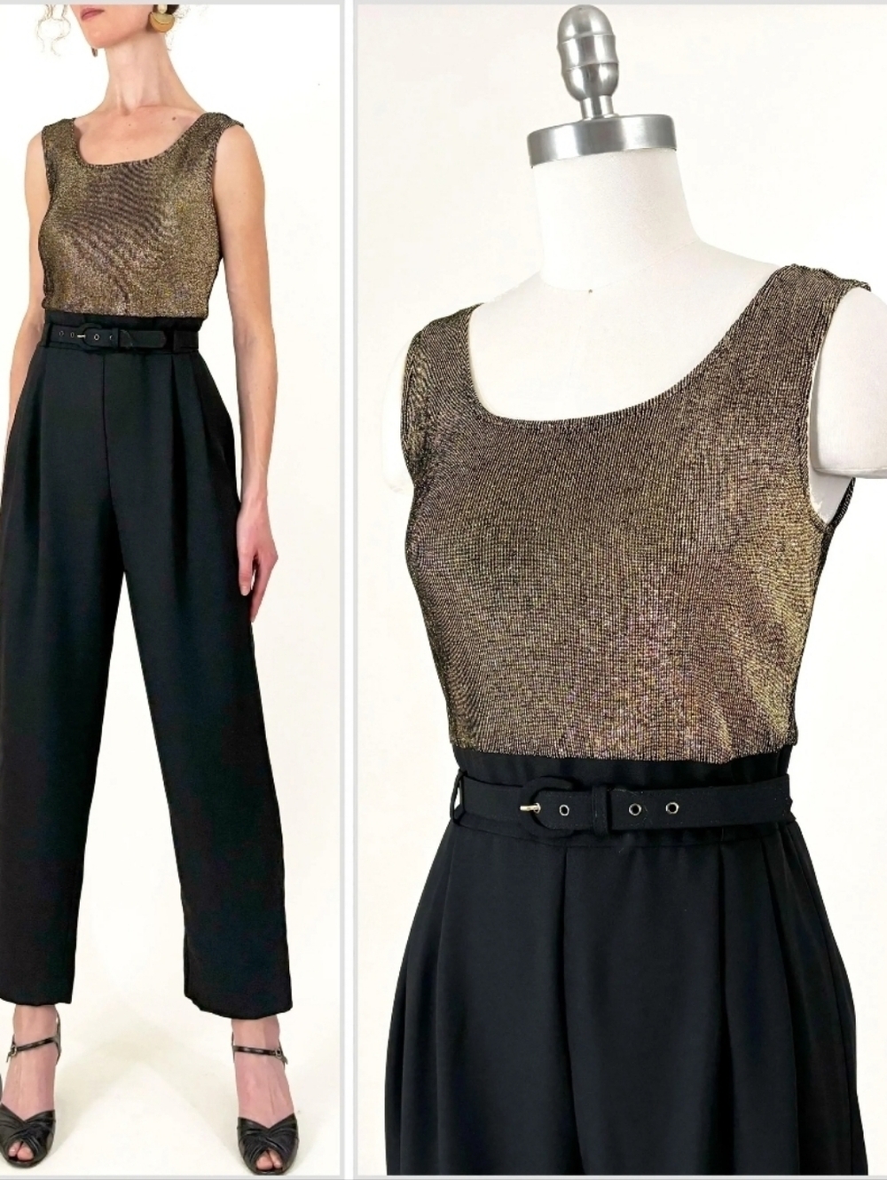 Vintage 90s John Roberts Gold Lurex And Black Jumpsuit Sleeveless Belted Vtg 10
